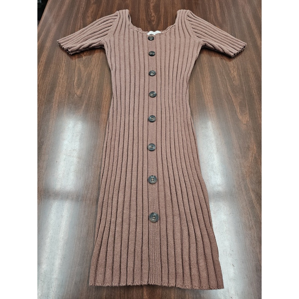 Active USA Ribbed Knit Dress Womens Small Brown Button Front Bodycon Midi